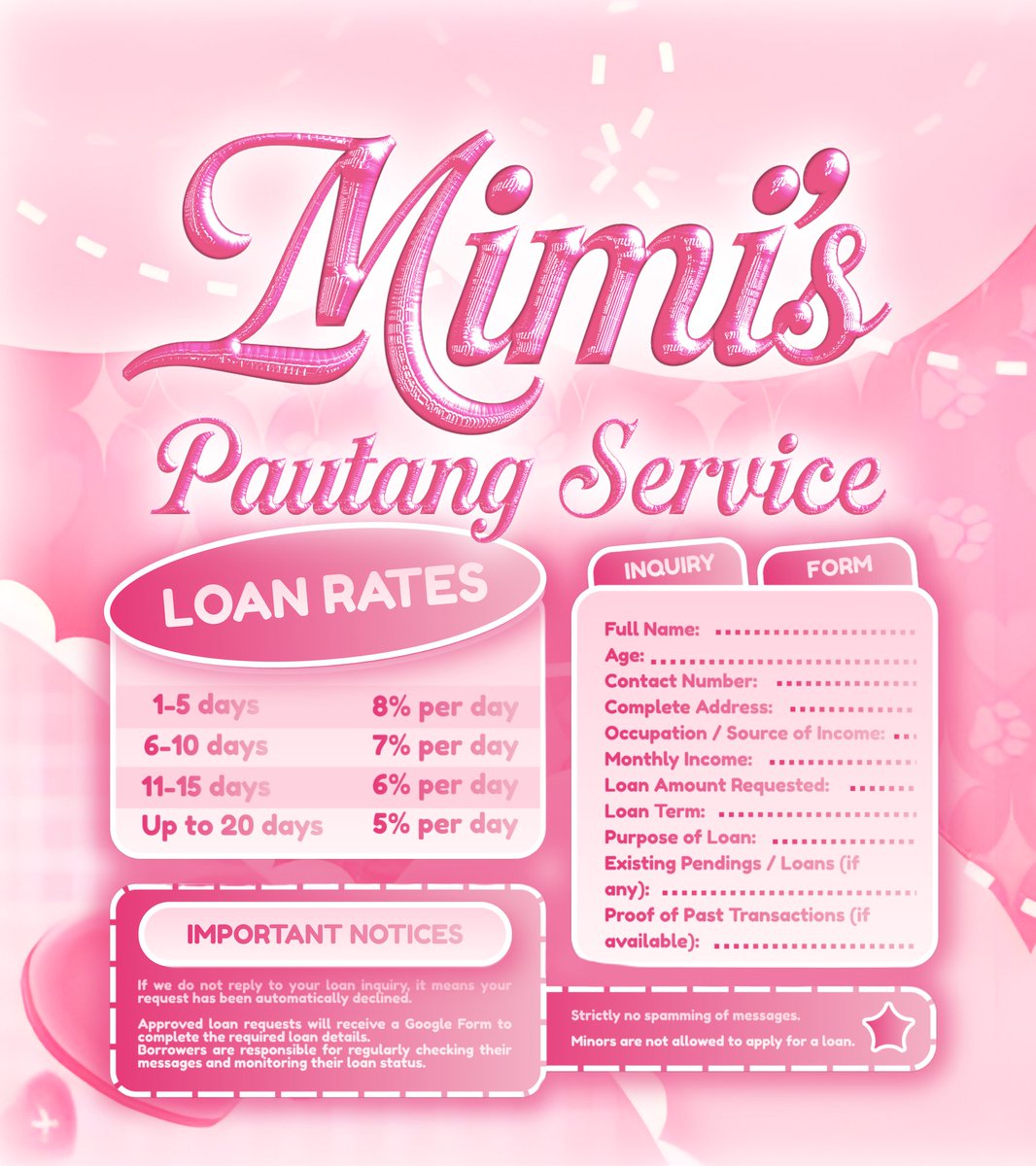 mimislend's tweet photo. ──.☘︎ ݁˖ Mimi’s Pautang Service OPEN

available funds:
₱2,000 1-10 days dop
๑ open for new clients | x minor.

📩 Inquiry form required — subject to approval

⚠︎ Private X accounts auto-declined
High chance of approval ✧
— proof of past transactions
— good repayment record
— stable monthly income

t. wts lft wtt utang loan hiram lending payo emergency credit gcash kpop bns