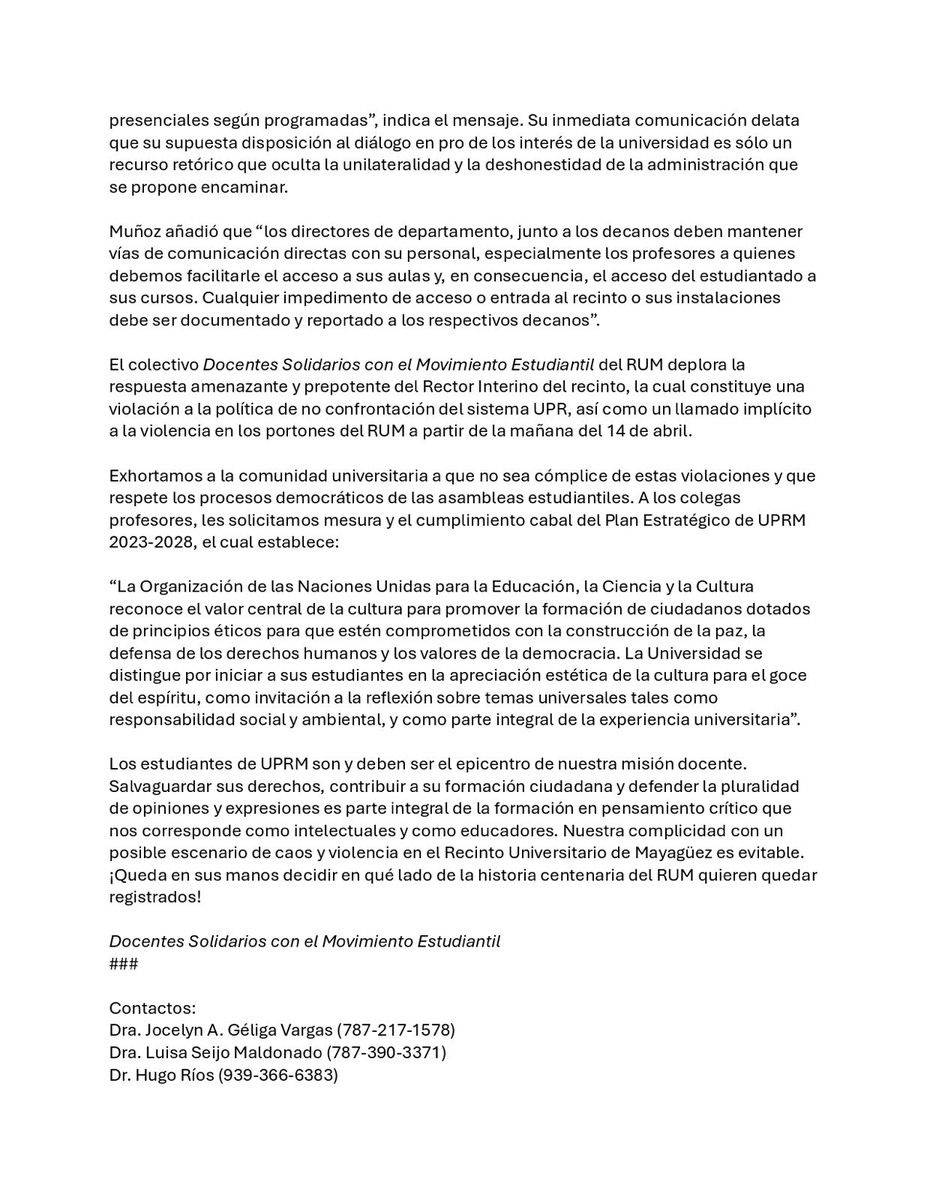 portna's tweet photo. CMU: Rector interino del RUM incita a la confrontación en el Recinto
PARA DIFUSIÓN INMEDIATA
13 de abril de 2026 https://t.co/SkJiOFONrh