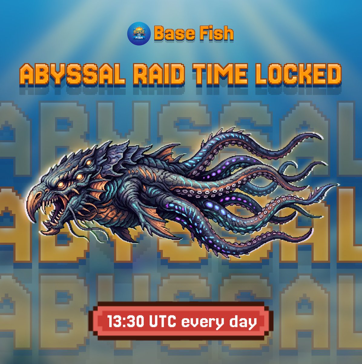 BaseFishApp's tweet photo. ⏰ Abyssal Raid Time Locked

No more guessing. No more waiting.

🕐 13:30 UTC every day

Be there. Tap fast. Fight harder.

The Boss is waiting. Are you? 👀