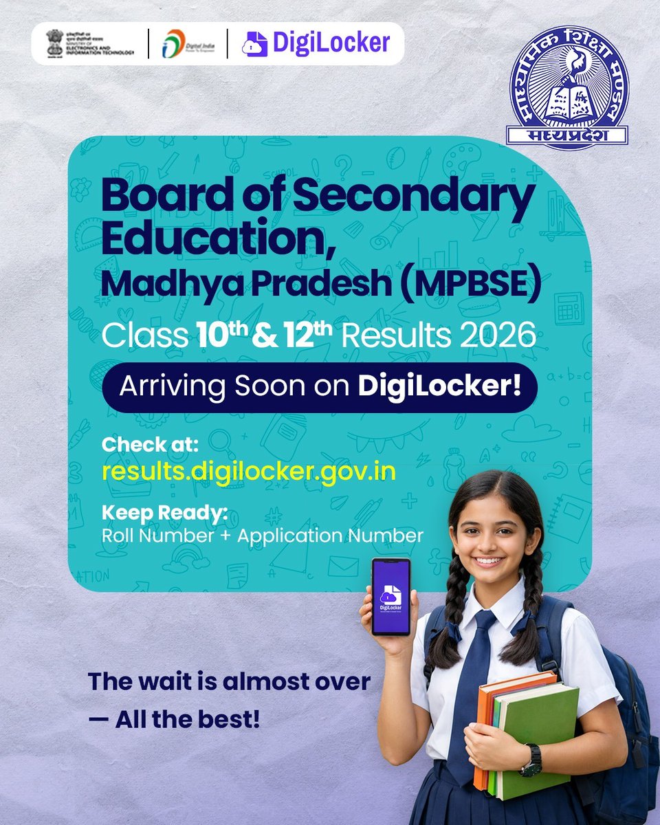 digilocker_ind's tweet image. 📢 The wait is almost over!
Board of Secondary Education, Madhya Pradesh
Class X &amp;amp; XII Results 2026 Coming Soon!

Beat the rush and check your results on DigiLocker for a smooth, hassle-free experience.
🔗 results.digilocker.gov.in

#MPBoard #Results2026 #DigiLocker #DigitalIndia