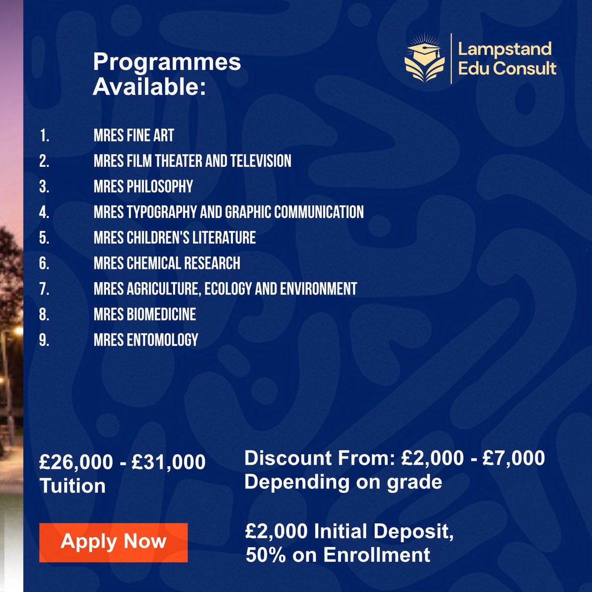 lampstandedu's tweet photo. 🎓 Unlock your future with global education opportunities!

Study at the prestigious University of Reading through Lampstand Edu Consult and choose from a wide range of MRes programmes designed to elevate your career. With flexible payment options and scholarships available, your dream degree is closer than you think.

✨ Apply now and take the first step toward academic excellence and international success! #japa #Globalstudy #studyabroad #internationalstudents