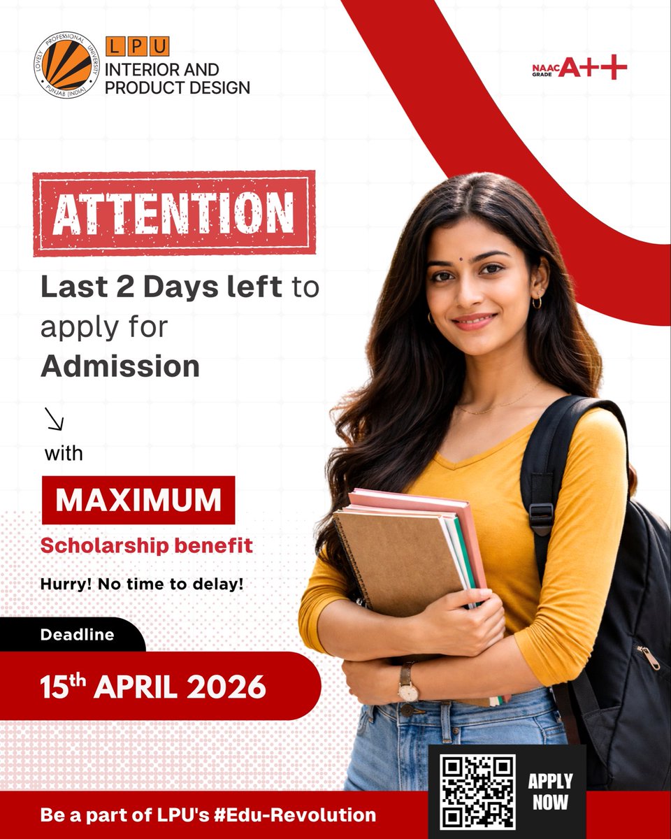 LPUDesign's tweet image. Last chance to secure your seat with maximum scholarship—apply now before it’s gone!
.
.
.
.
.
#LPU #Admissions2026 #DesignStudents #EduRevolution #CareerInDesign @lpuuniversity