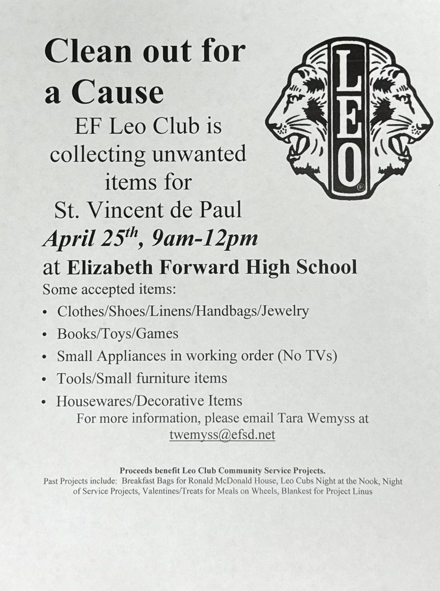 EF Leo Club’s Annual Clean Out for a Cause Donation Drive will be held on April 25th from 9am-12pm in the high school parking lot by the stadium. Thank you for your support!!