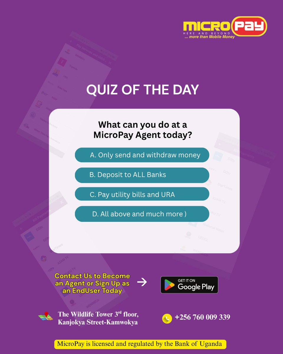 MicroPayug's tweet image. Think you know what you can do at a MicroPay agent? 🤔💜
Let’s test you…
If you said (D) YES… you’re right 😎🔥
All this and more, in one place—with one wallet, one float!
#MicroPay #micropayagents