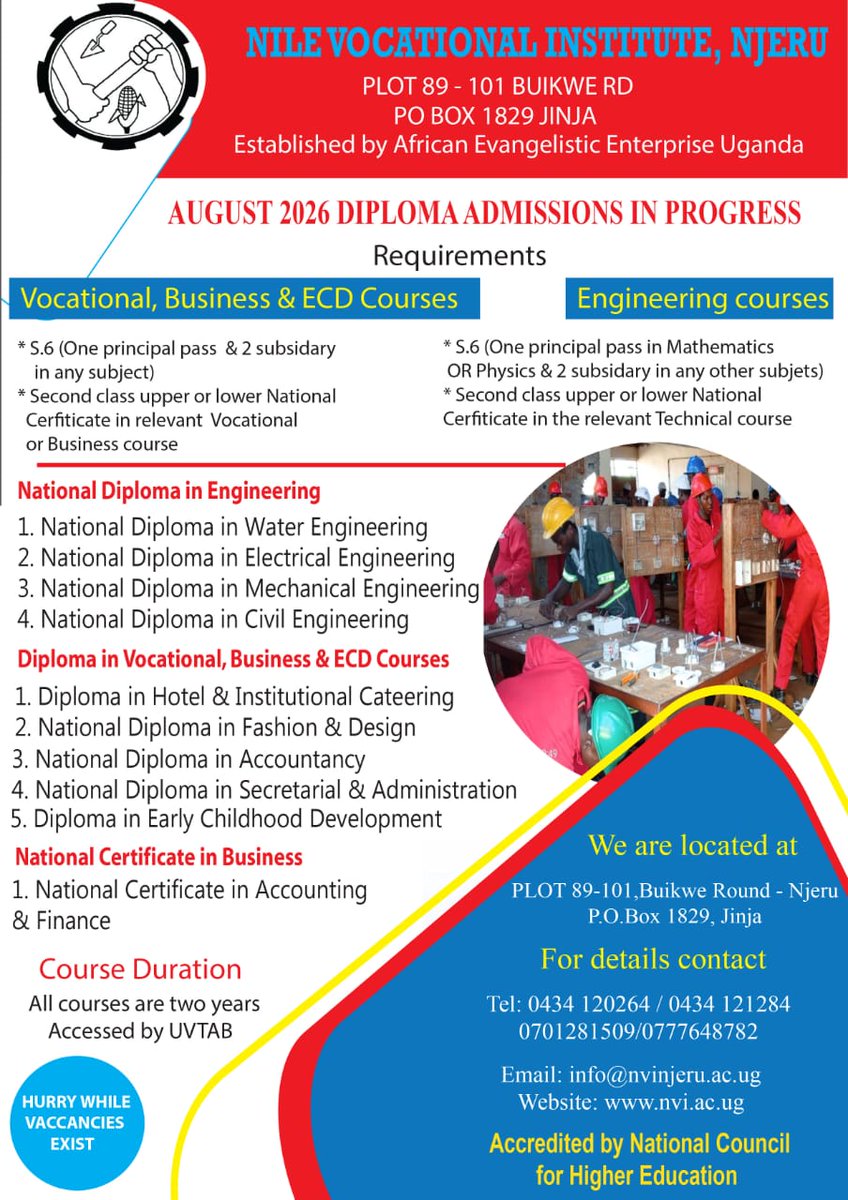 NileVIJ's tweet photo. Call for applications for the August 2026 intake! 

We offer affordable and  excellent  education accessible to all who aspire to learn, grow, and succeed.
Join us Now.

For more details call: 0701281509 / 0777648782 .
#ApplyNow #NVINjeru #August2026Intake https://t.co/M1yt8AvSYC