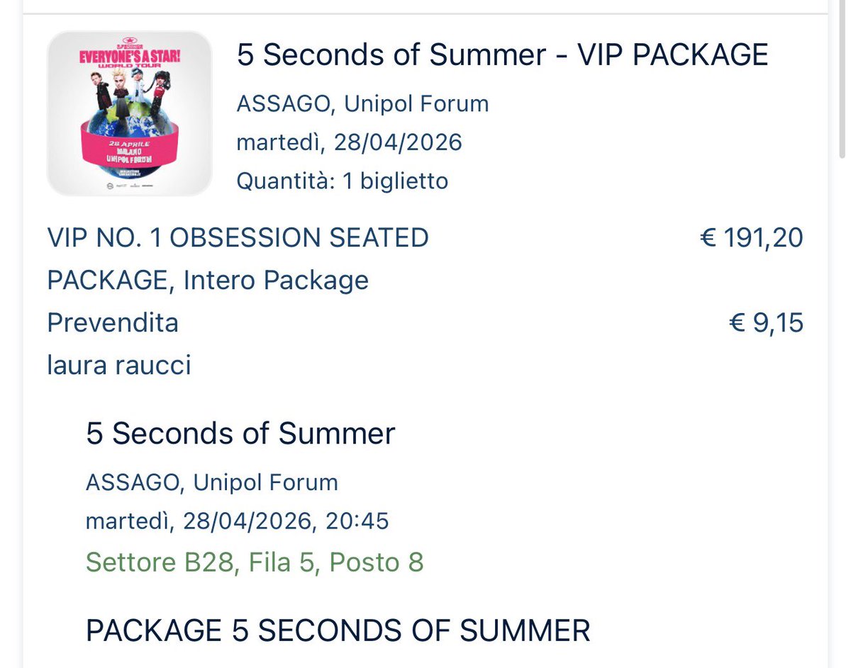 VENDO

Biglietto vip pack per i 5SOS al prezzo speciale di 100€

Non posso andare perché sarò ad Amburgo in quei giorni :( 

#5secondsofsummer <a href="/5SOST0URUPDATES/">5SOS UPDATES ★</a> <a href="/5SOSHQITA/">5SOS ITALIA ⭐️</a>