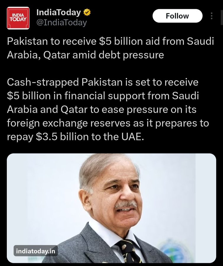 Beggar state Pakistan has only one solution

“Borrow money → repay old debt → 
borrow again”

That’s the vicious cycle.

No real fix,no long-term solution.
#Failedstatepakistan is a sinking ship!
<a href="/kakar_harsha/">Maj Gen Harsha Kakar</a> <a href="/Gulalai_Ismail/">Gulalai Ismail ګلالۍاسماعیل</a> <a href="/ItsShubhangi/">Shubhangi Sharma</a> <a href="/Babymishra_/">Shubhangi Pandit</a> <a href="/CestMoiz/">Harpreet</a> <a href="/Dr_SicMundusCE/">Destiny 👀👀</a>