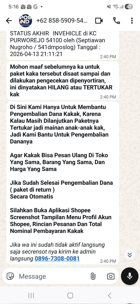 dinochan's tweet photo. Modus baru dari ngaku2 PT Pos Indonesia. Lalu nanti diminta screenshot Shopee acc nya spt gambar dibawah ini #shopee #penipuan https://t.co/SZS8pR4Dy8