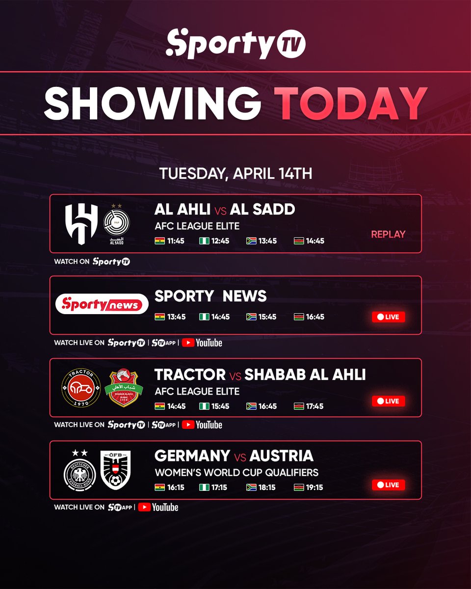 SportyTV's tweet photo. What’s LIVE on SportyTV today? 🚨👀

💫 Champions League quarter-finals watchalong 🤩
📰 SportyNews
🌏 AFC League Elite x2 ft. Al Ittihad 🇸🇦
🏆 Women’s WC qualifiers x3 ft. England, Spain, Germany…

Remember to download the SportyTV App 📲 to catch live matches and many more 🙌🏼 https://t.co/aW5mi067dO
