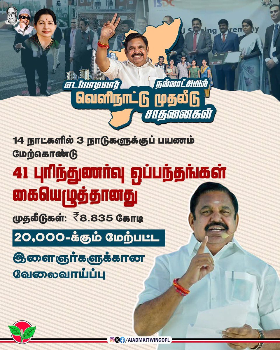 AIADMKITWINGOFL's tweet photo. யாதும் ஊரே" திட்டம் மூலம் 300க்கும் மேற்பட்ட MoUs, 3 லட்சம் கோடி முதலீடு! தமிழகத்தை உலக முதலீட்டு மையமாக உயர்த்தியவர் "புரட்சித் தமிழர்" எடப்பாடியார்.

#நல்லாட்சினா_எடப்பாடியார்_தான்
#Vote4AIADMK https://t.co/E5uXJc9DKC