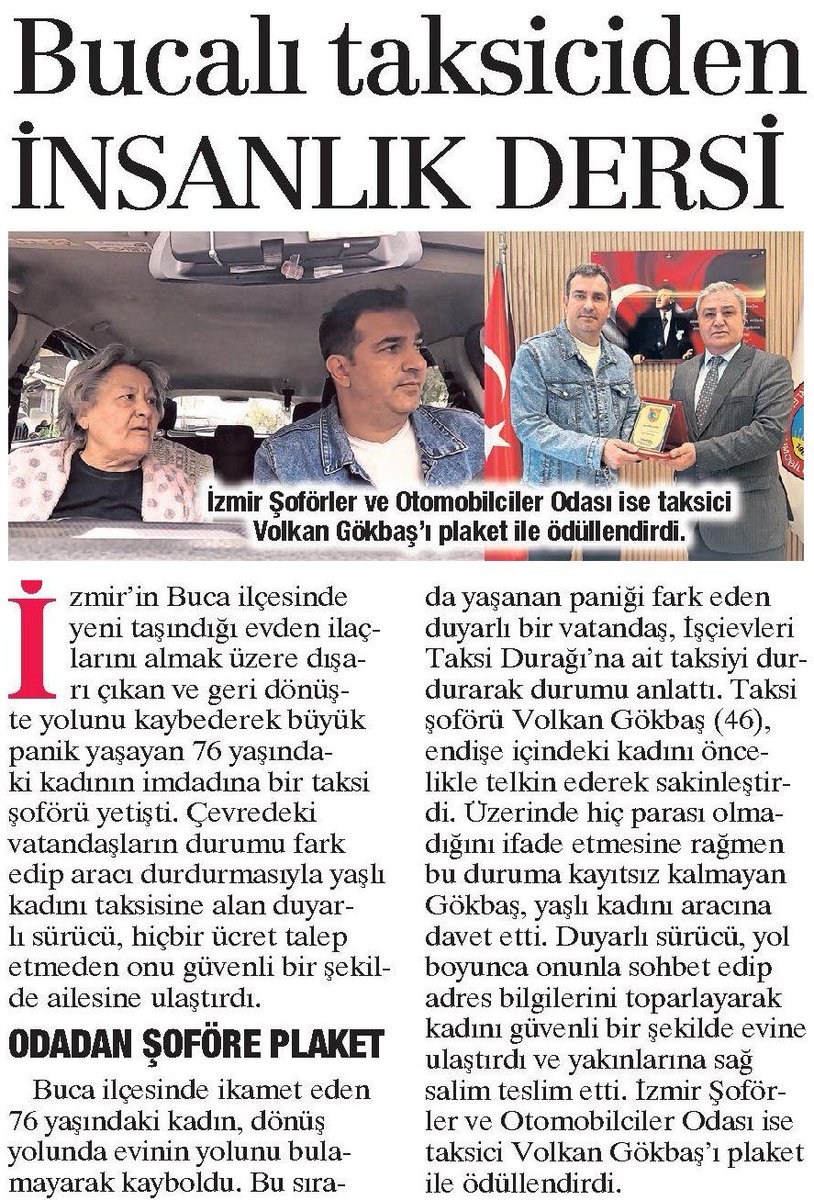 iz_sof_oda's tweet photo. Örnek taksicilik anlayışıyla hareket ederek yaşlı bir teyzemizi hiçbir ücret talep etmeden güvenle evine ulaştıran kıymetli meslekta��ımız Volkan Gökbaş kardeşimizin bu anlamlı davranışı, yerel ve ulusal yazılı ve görsel basında da geniş yer bulmuştur. Bu vesileyle; mesleğimizin insani yönünü kamuoyuna yansıtan değerli basın mensuplarımıza ve sergilediği duyarlı, örnek davranışla hepimize gurur yaşatan Volkan Gökbaş kardeşimize teşekkür ediyoruz.
Taksicilik sadece yolcu taşımak değildir; kimi zaman bir ambulans gibi hayat kurtarmaya vesile olmak, kimi zaman bir polis gibi güvenliği sağlamak, kimi zaman da ilk yardım eli uzatarak zor anlarda vatandaşın yanında olmaktır. Bu bilinçle hareket eden her bir esnafımız, mesleğimizin ne kadar kutsal ve sorumluluk gerektiren bir görev olduğunu bir kez daha göstermektedir. Topluma hizmetin bir gönül işi olduğunu ortaya koyan bu örnek davranışın artmasını temenni ediyor, Volkan Gökbaş kardeşimize meslek hayatında başarılarının devamını diliyoruz.
Erkan Özkan | İzmir Şoförler ve Otomobilciler Esnaf Odası Başkanı
#İzmir #Esnaf #ŞoförEsnafı #Taksici #ÖrnekDavranış #Basında #GururKaynağı #İyilik #Gönülİşi #Dayanışma #BirlikBeraberlik #MeslekAhlakı #İnsanlık #Teşekkür #Plaket #Sahadayız #EsnafınYanındayız #Ulaşım #Taksi #Vicdan #Merhamet #ToplumaHizmet #gururduyuyoruzir #Esnaf #ŞoförEsnafı #Taksici #ÖrnekDavranış #Basında #GururKaynağı #İyilik
@MehmetYiginer @Yalcinata35 @ismetDALCI @volkangokbas