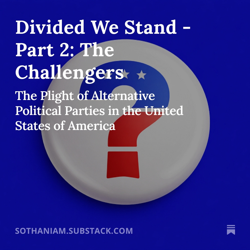 sothaniam's tweet photo. "A system that is theoretically fair, is implicitly biased to block the rise of meaningful challengers.

This is the curse of the American third party - your ideas get stolen, your organization gets absorbed, and you disappear." https://t.co/ACUOEIgBSj