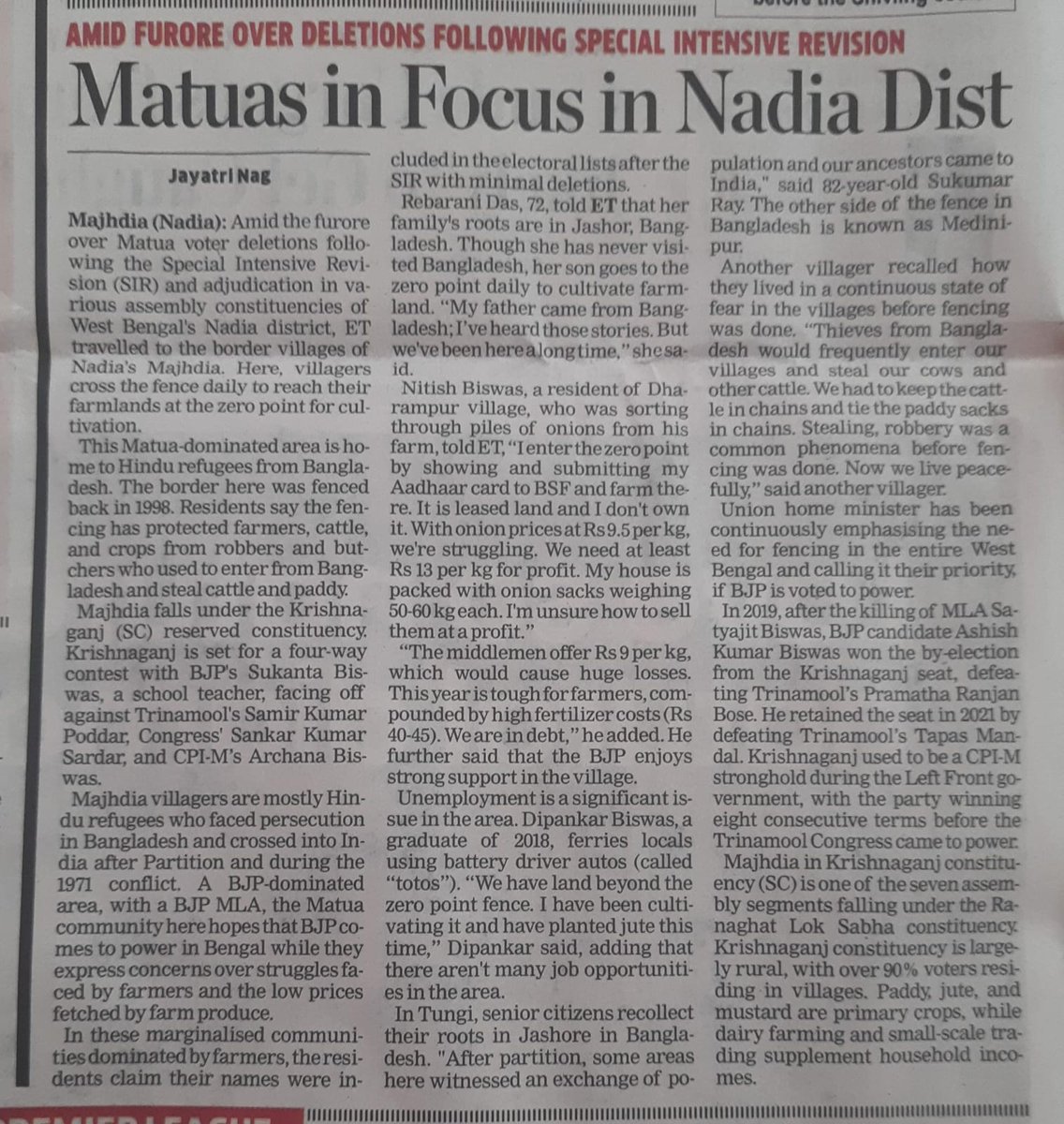 JayatriNag's tweet image. #WB Assembly polls: Nadia's bordering Majhdia, Matua dominated area, is weighing political choices amid voter roll concerns, economic stress faced by the farmers and identity rooted in migration. Read more @ETPolitics @pranabsamanta @anubhutivishnoi  
economictimes.indiatimes.com/news/elections…