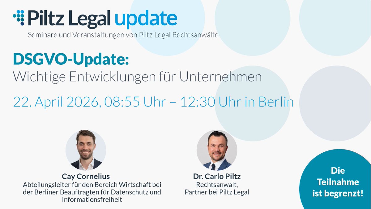CarloPiltz's tweet image. 📢 𝗞𝗼𝗺𝗺𝗲𝗻𝗱𝗲 𝗪𝗼𝗰𝗵𝗲: 𝘂𝗻𝘀𝗲𝗿 𝗗𝗦𝗚𝗩𝗢-𝗨𝗽𝗱𝗮𝘁𝗲 𝗶𝗻 𝗕𝗲𝗿𝗹𝗶𝗻 - 𝗪𝗶𝗰𝗵𝘁𝗶𝗴𝗲 𝗘𝗻𝘁𝘄𝗶𝗰𝗸𝗹𝘂𝗻𝗴𝗲𝗻 𝗳ü𝗿 𝗨𝗻𝘁𝗲𝗿𝗻𝗲𝗵𝗺𝗲𝗻 𝗶𝗺 𝗗𝗮𝘁𝗲𝗻𝘀𝗰𝗵𝘂𝘁𝘇𝗿𝗲𝗰𝗵𝘁

Info: piltz.legal/events/dsgvo-u…
#DSGVO #Datenschutz 
#Datenschutz #DSGVO
