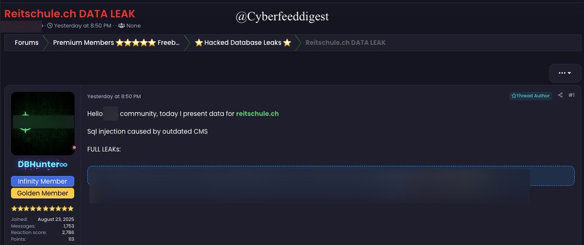 cyberfeeddigest's tweet image. A member of a #darkweb forum allegedly #Breached #Swiss Reitschule[.]ch DATA .

#Darkweb #DataBreach #Switzerland