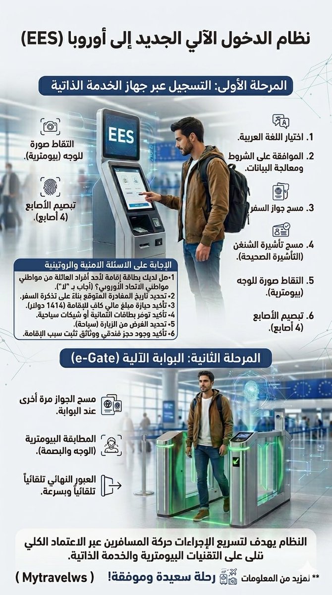 MyTravelWs's tweet photo. تأهب لرحلتك القادمة إلى أوروبا! 🇪🇺✈️

تعرّف على نظام الدخول والخروج الآلي الجديد (EES)؛ تقنية ذكية تهدف لتسهيل عبور الحدود وتأمينها عبر البصمة الرقمية بدلاً من ختم الجواز التقليدي. 🛂💻

اطلع على التفاصيل الآن واستعد للسفر بذكاء! 👇

#السياحة #أوروبا #نظام_EES #نصائح_سفر https://t.co/6t4qf8nRWl