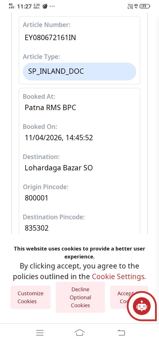Manishsavarn's tweet photo. Dear @IndiaPostOffice Team, 

I have dispatched a life saving medicine to one of my known from Patna RMS to Lohardaga (pin code -835302) on 11th April 2026 Speed Post still they are awaiting for their Medicine.

Kindly do the needful at most urgent basis. 
Jai Hind https://t.co/RTkE6vF1do
