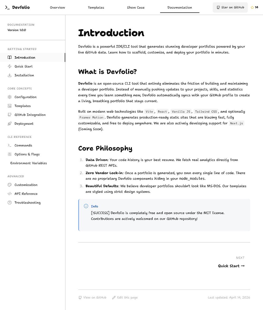 So yeah , Everything he said👇

Currently supporting React and Vanilla Js — more stacks and templates coming soon. Anticipate!

Want to contribute? New templates, stacks and ideas — all welcomed

GitHub:github.com/christian-fx/D…

Know more? Visit the docs: devfolio-six-nu.vercel.app