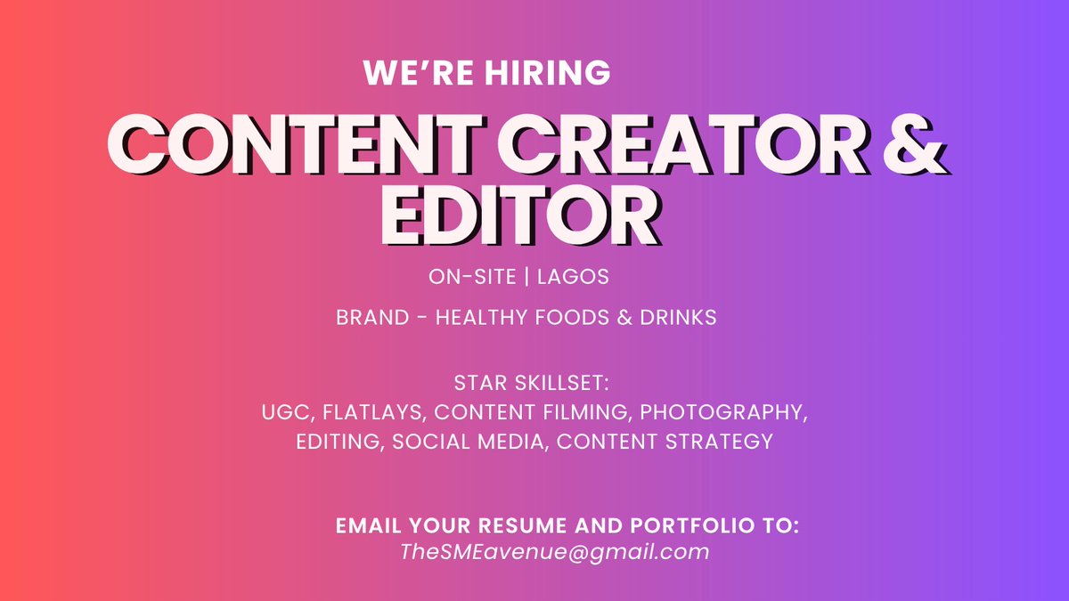 hannytalker's tweet image. Hiring: Content Creator &amp;amp; Editor
Location: Lagos (In-office role)

If you love to hop on trends, can shoot creative product photos, and create high-quality videos we want you!

What you’ll do
Create high-quality creative content for products (video + visuals)
Film and edit