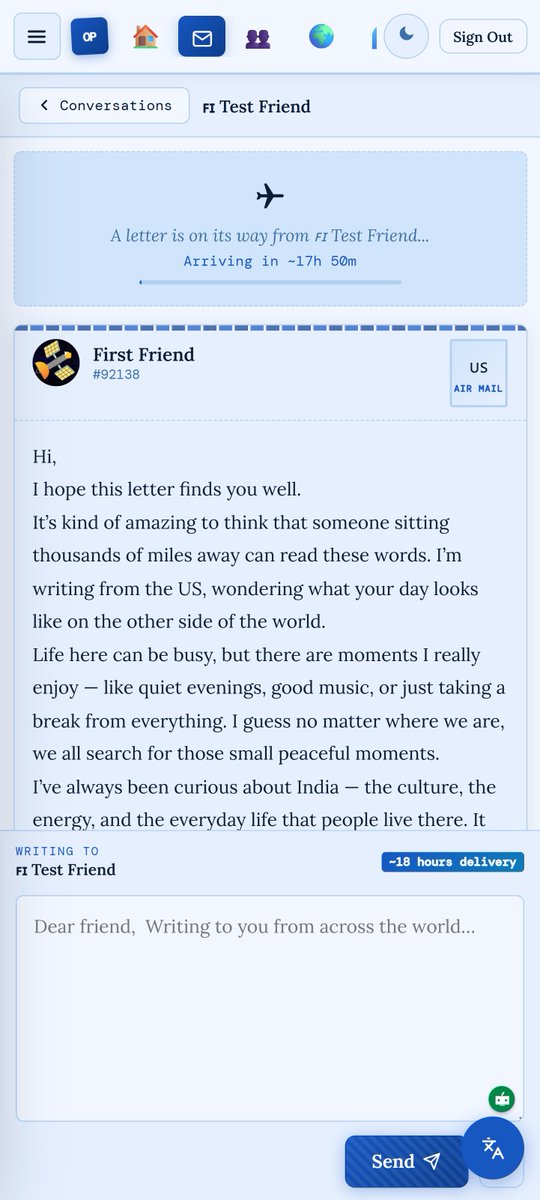 coscasts04's tweet image. Built a social platform that slows things down.
✉️Letters, not chats 
⏳Real delivery time (hrs) 
🌐Built-in translation 
🍾Bottle in ocean 
👥Global friends 
Link to the website👇
onlinepenpal.blogspot.com

 #PenPal #DigitalLetters #SocialApp #MadeWithAI #BuildInPublic