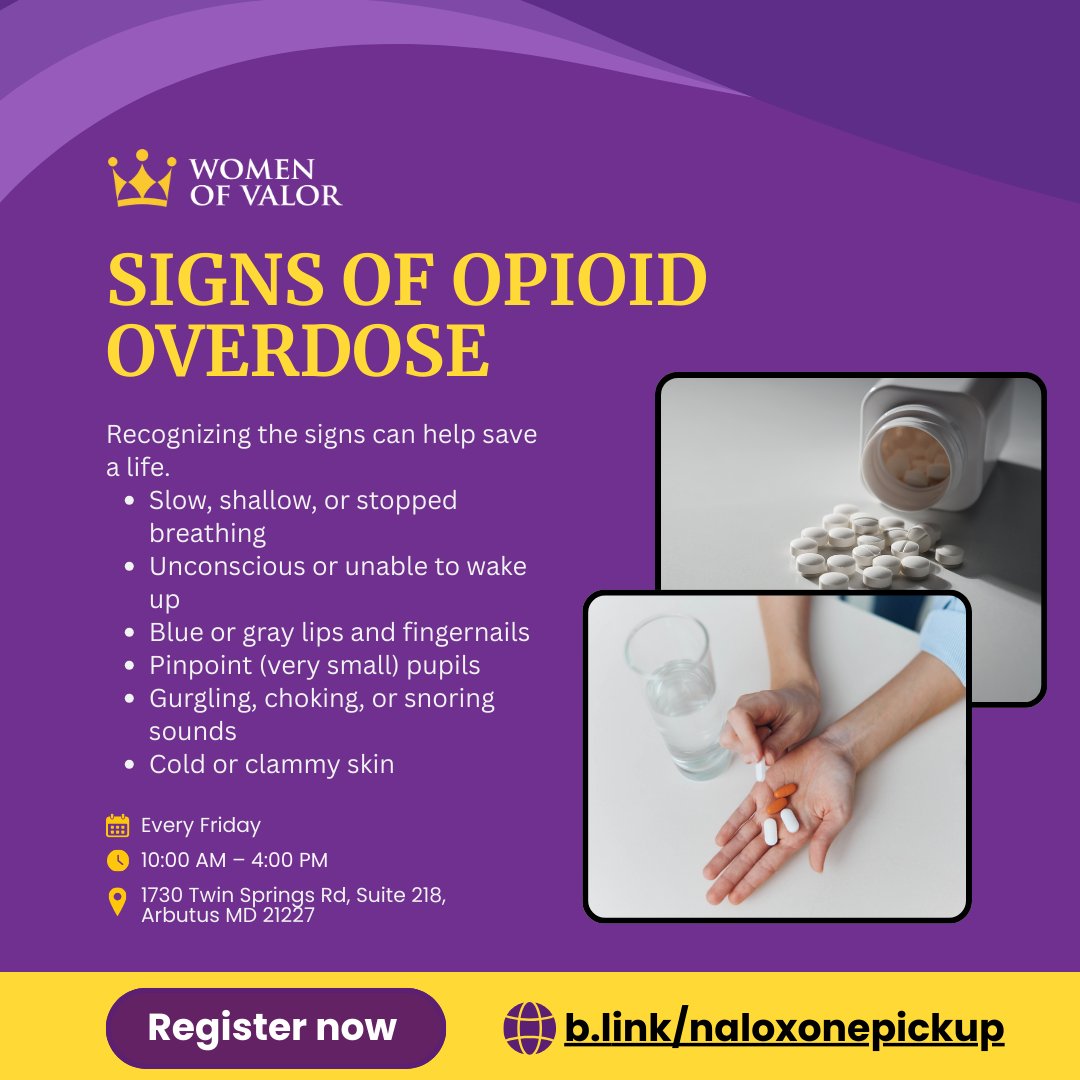 WomenOfValor_'s tweet image. Recognizing the signs of an opioid overdose can save a life. Stay alert, act quickly, and don’t hesitate to call for help if you see these warning signs.

Register now: b.link/naloxonepickup

#OverdoseAwareness #SaveALife #OpioidAwareness #KnowTheSigns #ActFast