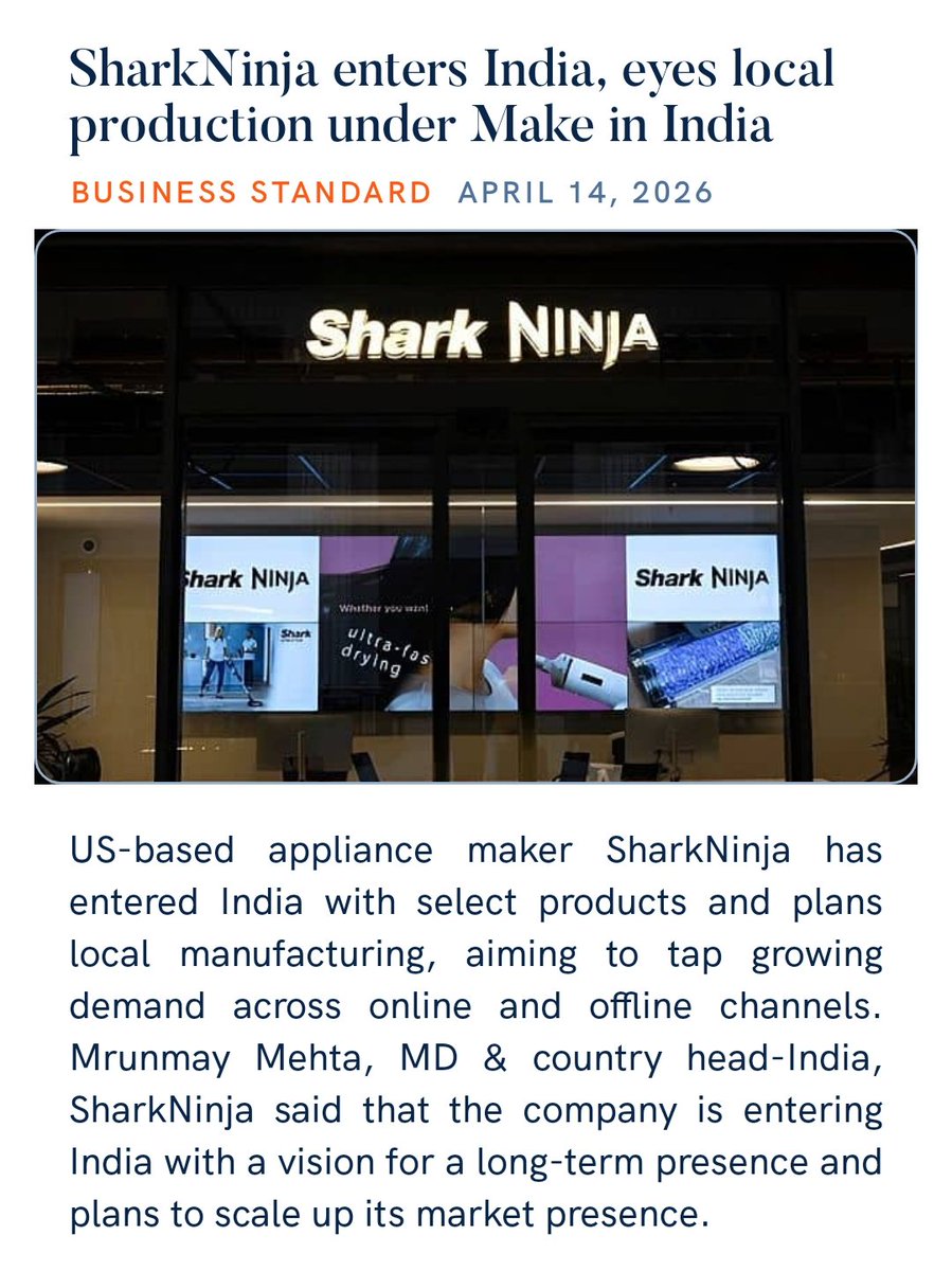 zahidpatka's tweet image. PM @narendramodi Ji Govt
#MakeInIndia #MakeForWorld
INDIA TO BE GLOBAL MANUFACTURING HUB
US-based appliance maker
SharkNinja enters India,
with select products&amp;amp;plans local manufacturing,aiming to tap growing demand across online&amp;amp; offline channel
business-standard.com/companies/news…
@PMOIndia