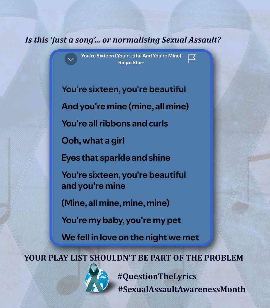 CatheyTweets's tweet photo. Day 14
#SexualAssaultAwarenessMonth #QuestionTheLyrics https://t.co/Slefmf7fLM