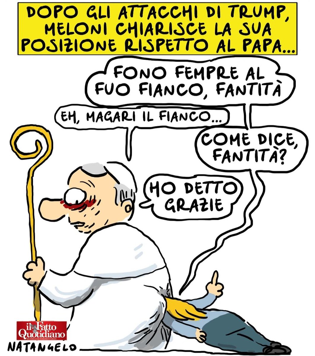 NatangeloM's tweet image. La posizione di Meloni rispetto al Papa - la mia vignetta per Il Fatto Quotidiano oggi in edicola!

#papa #meloni #vignetta #natangelo #satira #trump