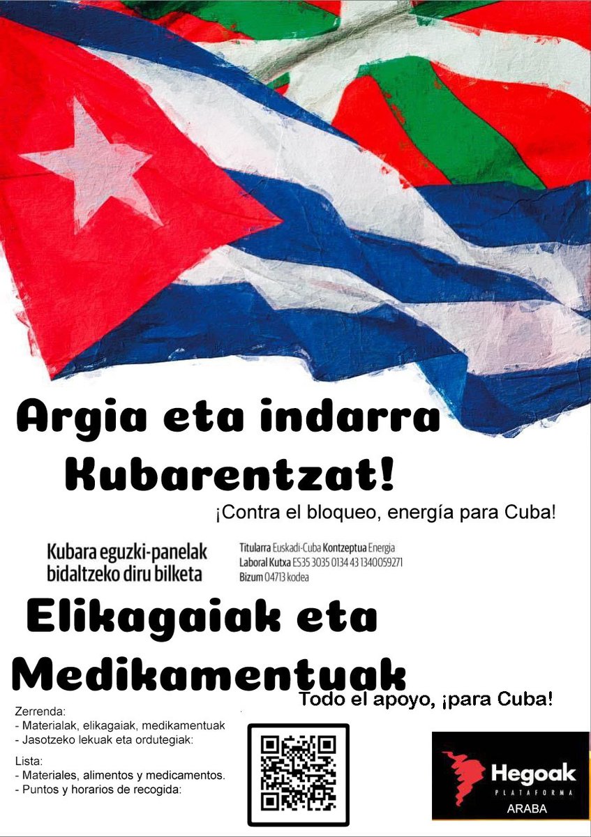 Plataforma vasca Hegoak impulsa en Araba campaña de recogida de material para Cuba frente al bloqueo de EEUU: del 20 de abril al 29 de mayo en sedes de sindicatos y partidos cubainformacion.tv/solidaridad/20…