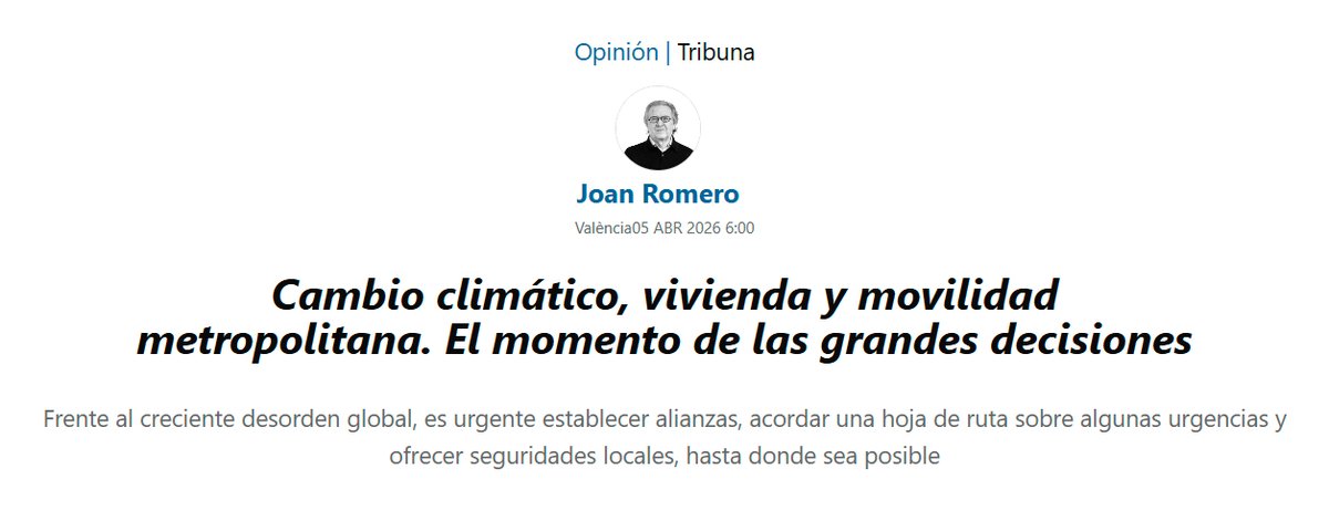 depgeo_uv's tweet photo. Tornem a la marxa 🚀Columna “Cambio climático, vivienda y movilidad metropolitana. El momento de las grandes decisiones”a @levante_emv (5 d’abril). 🌍🏙️
3 urgències: 🌡️🏠🚆
Tenim diagnòstic, falta decisió. El moment és ara.
 🔗 https://t.co/hySWZBUths https://t.co/wPIXRx3uH9