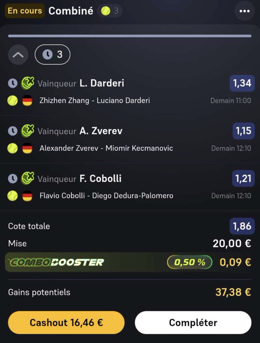 ATPPronos119082's tweet photo. 🎾 ATP Munich
💰 Mise : 2%
📈 Cote : 1.86
🇮🇹 Darderi 🆚 Zhang
➡️ Darderi
🇩🇪 Zverev 🆚 Kecmanovic
➡️ Zverev
🇮🇹 Cobolli 🆚 Dedura
➡️ Cobolli
📊 Analyse :
• Darderi solide sur terre
• Zverev au-dessus
• Cobolli plus constant
#ATPMunich #MunichOpen #TennisTips #Tipster 🎯🔥 https://t.co/CGqNEWGNuw