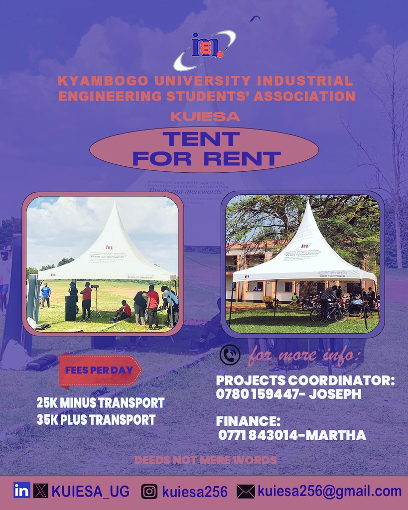 KUIESA_UG's tweet photo. In this new week we would like to share that KUIESA has a tent ready for rent. In case of any need feel free to contact the mentioned personnel.
#DeedsNotMereWords #tentfortrent https://t.co/8RL3yYGWp2