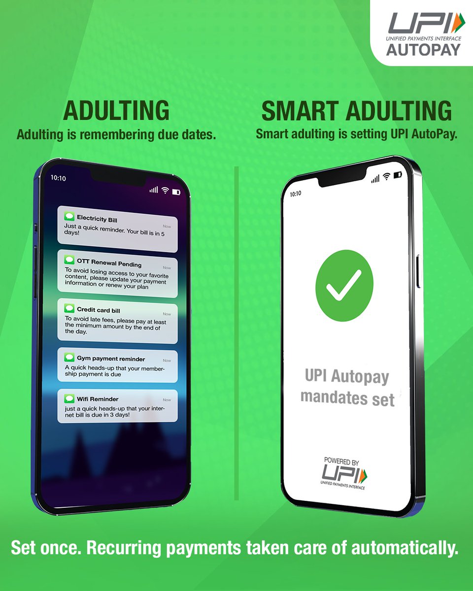 UPI_NPCI's tweet image. Adulting is remembering due dates. Smart adulting is setting UPI AutoPay. 🔁

Set once. Stay sorted every month.

#UPIAutoPay #DigitalPayments #LifeWithUPI