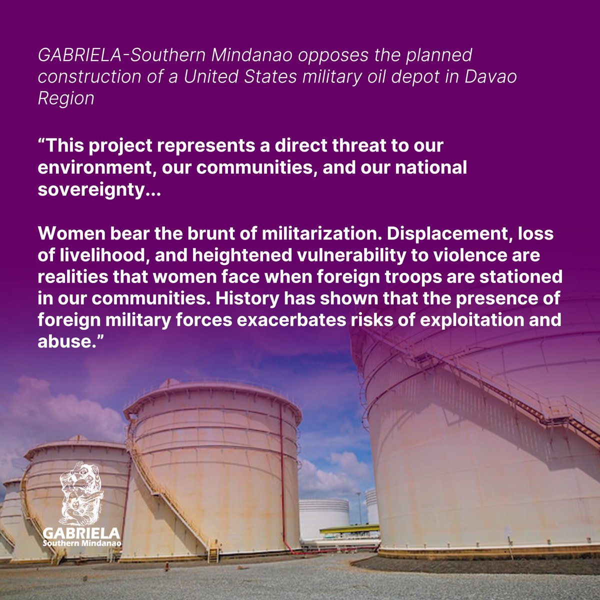 GABRIELA-Southern Mindanao opposes the planned construction of a United States military oil depot in Davao Region 🧵