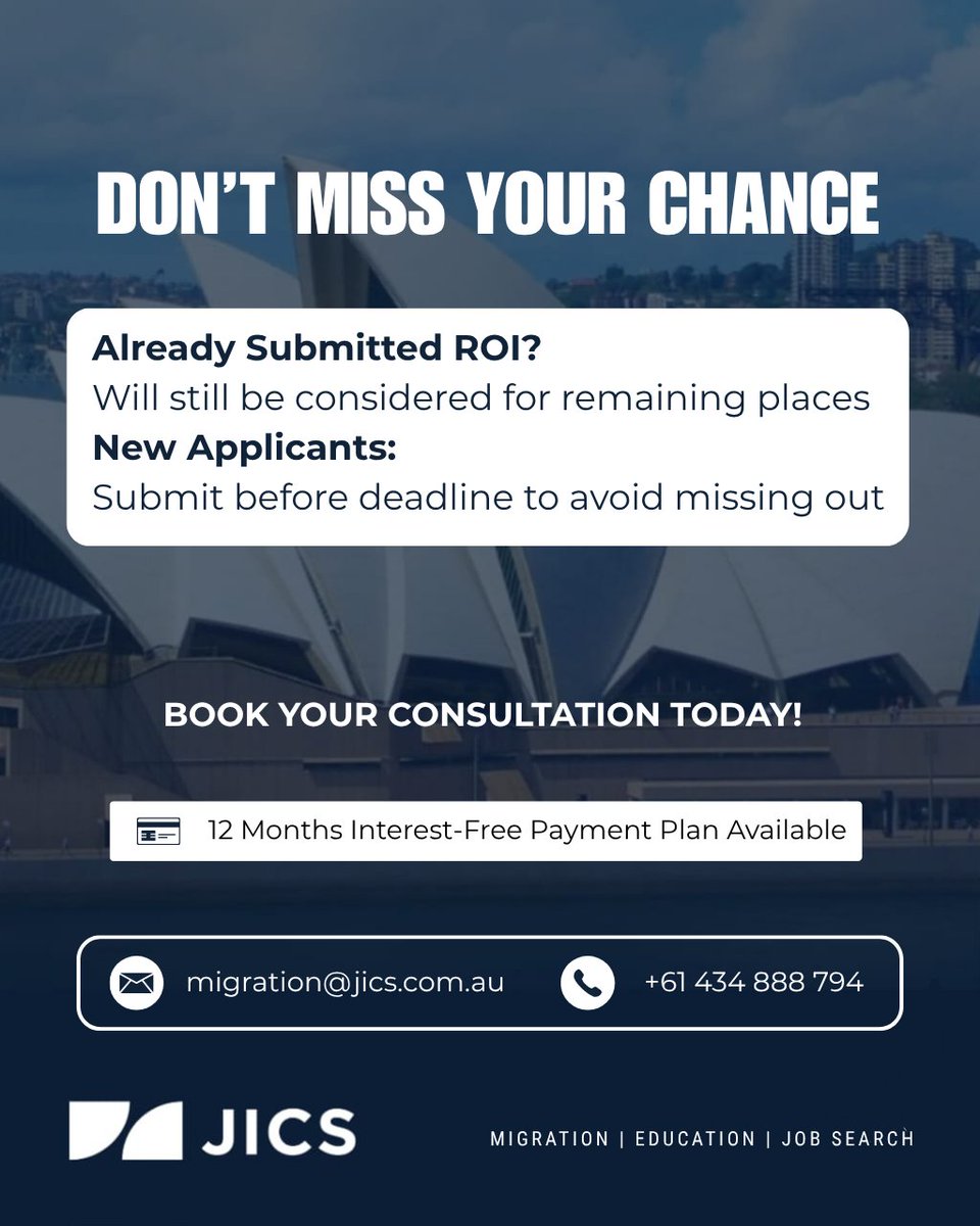 jicsaustralia's tweet image. Victoria Skilled Migration Update 2025–26

ROIs closing: 28 April 2026 (4 PM AEST)

3,400 places total

• 190: 2,700
• 491: 700
High demand, limited availability.

Book your free consultation: calendly.com/jicsaustralia/…

#SkilledMigration #JICSAustralia #VictoriaNomination