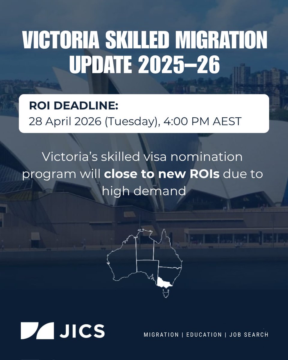jicsaustralia's tweet image. Victoria Skilled Migration Update 2025–26

ROIs closing: 28 April 2026 (4 PM AEST)

3,400 places total

• 190: 2,700
• 491: 700
High demand, limited availability.

Book your free consultation: calendly.com/jicsaustralia/…

#SkilledMigration #JICSAustralia #VictoriaNomination