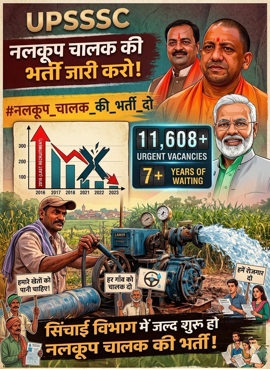 Sachin152396955's tweet photo. #नलकूप_चालक_की_भर्ती_दो 
सिंचाई विभाग में नलकूप चालक के रिक्त 11608+ पदों पर भर्ती का विज्ञापन जारी करों।@myogiadityanath @UPGovt @CMOfficeUP @MrityunjayUP @ChiefSecyUP @StudentpowerITI @kpmaurya1 @brajeshpathakup @swatantrabjp @UPIrrigationWR @SanjayAzadSln @yadavakhilesh https://t.co/KkPbMnmNTH