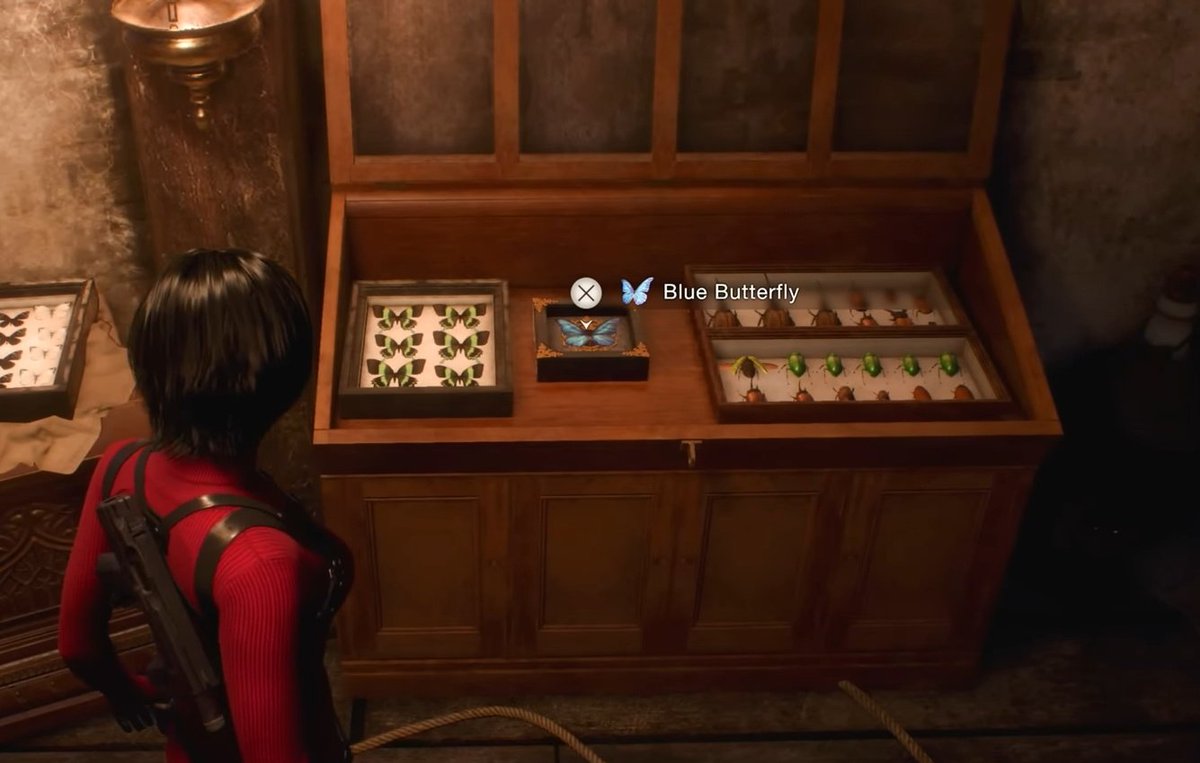 RacconSurvivor's tweet photo. Butterflies are a key part of Ada's character symbolism, something she's often associated with. Capcom likely implemented it because butterflies are a recurring symbol in Japanese media, especially the “blue butterfly” which connects well to her character. (1/6) #REBHFun https://t.co/DFOsnjwD4e