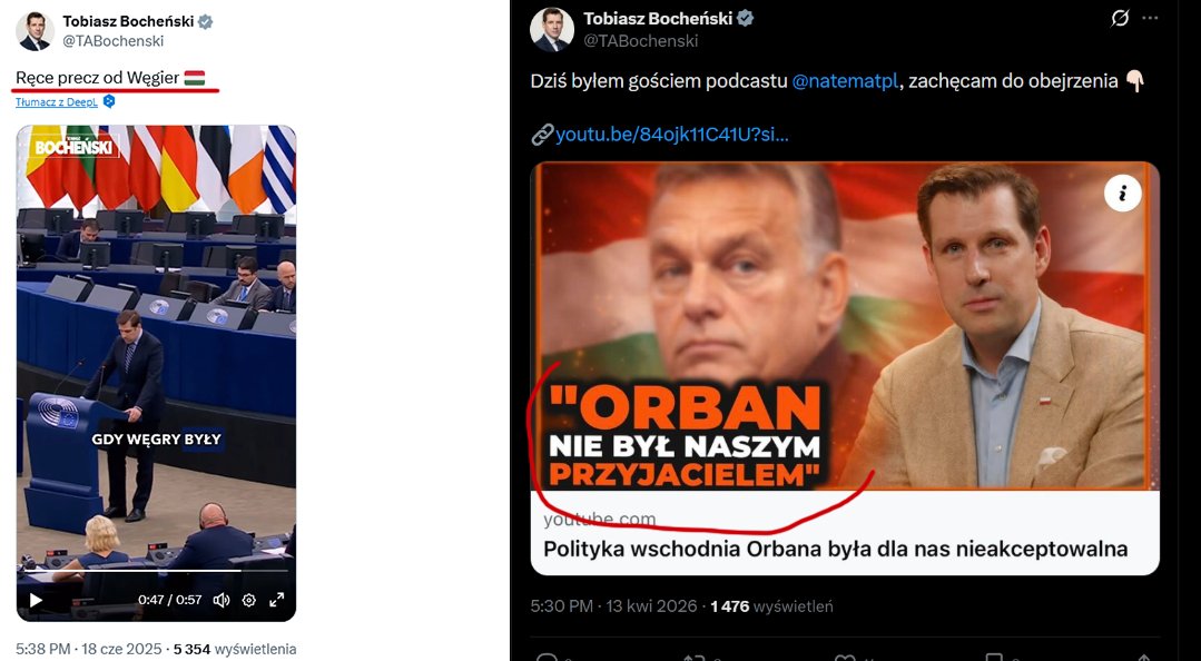 Którym Tobiaszem jesteś dzisiaj? 

Niedawno <a href="/TABochenski/">Tobiasz Bocheński</a> krzyczał w Parlamncie Europejskim "ręce precz od Węgier" broniąc reżimu Orbana własną piersią 

Dziś twierdzi, że Orban nigdy nie był przyjacielem PIS

Zaraz pojadą z przekazem "na Dziwisza", 
że Orbana nigdy nie znali