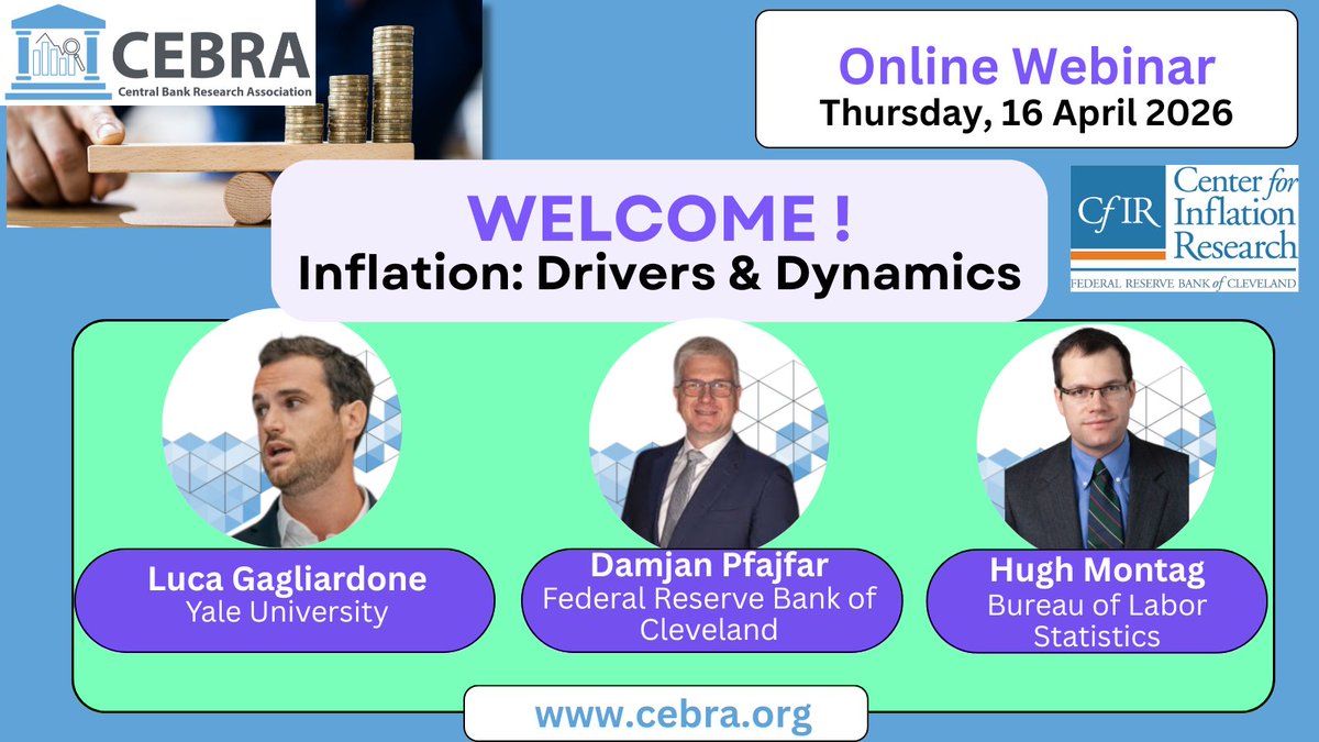 CebraOrg's tweet image. 📊 Register Now! Webinar: #Inflation — Drivers &amp;amp; Dynamics
Join us this Thursday, April 16 for a deep dive into the forces shaping inflation &amp;amp; expectations.

🕚 11:00 AM EST | 5:00 PM CET
Speakers:
• @lucagaglia (Yale University): “Dynamic Pricing under Information Frictions: