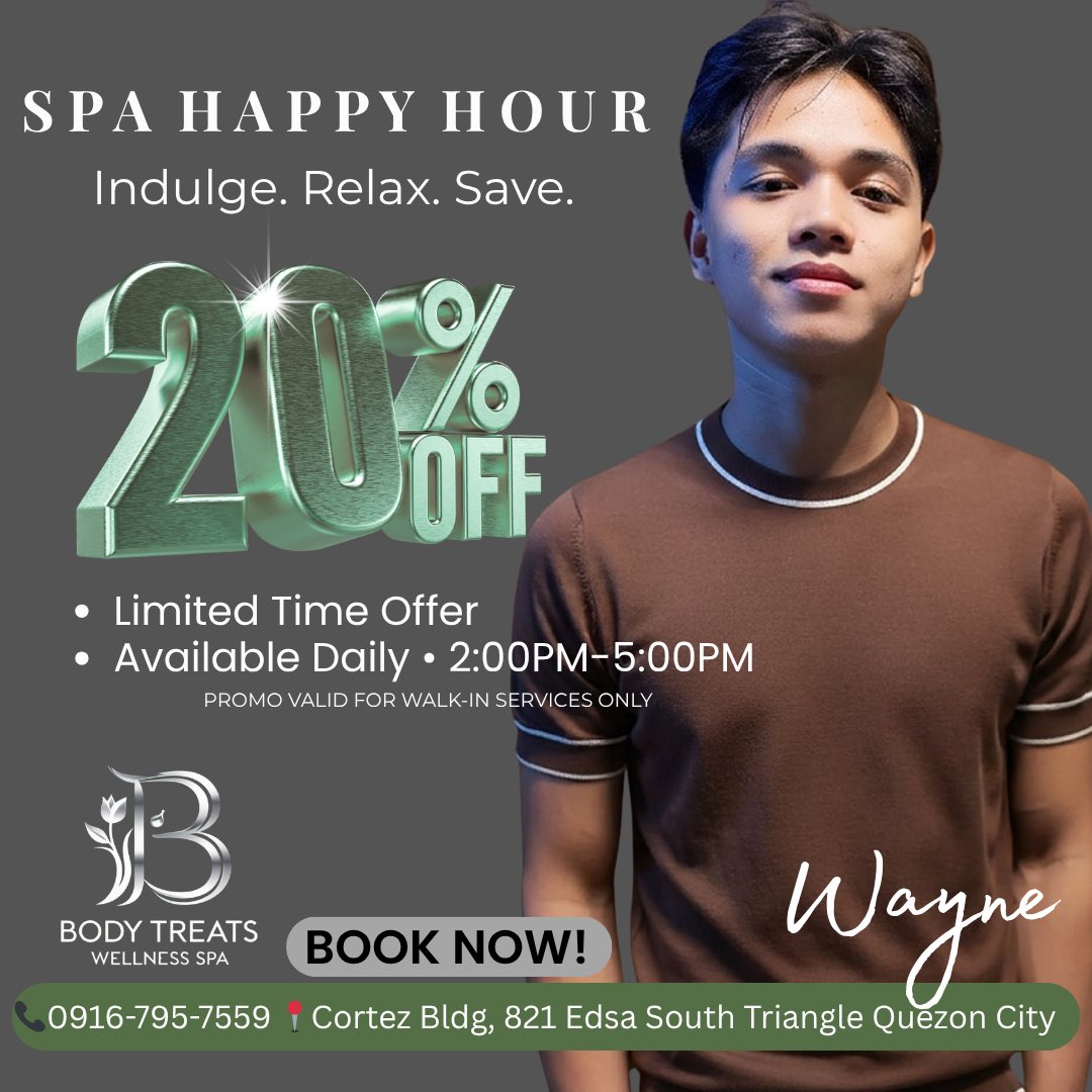 bodytreatsQC's tweet photo. Turn your Tuesday into a treat 😉
Enjoy 20% OFF during our Spa Happy Hour.

⏰ 2PM – 5PM | Walk-in only

#SpaHappyHour #TuesdayDeals #RelaxAndSave https://t.co/E9UMPbYUpc