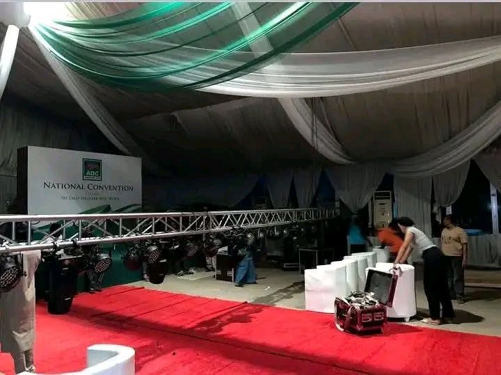 Aloefuna1's tweet photo. Against all odd, all is set for APC National convention today at Rainbow Event center, Abuja. The rulers have made all efforts to stop this, but they have failed and will continue to fail.

ADC should however know that Obi is our party. https://t.co/l02j8aeaRu