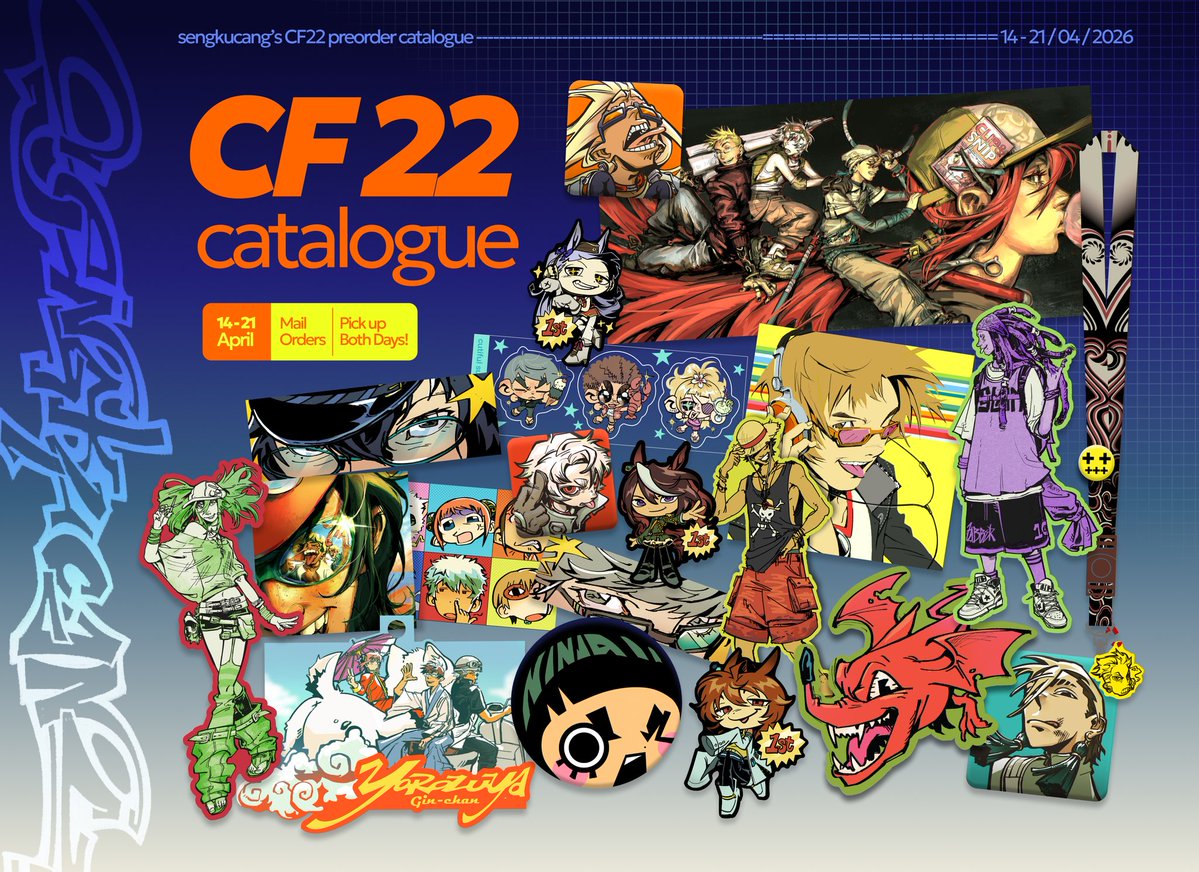 sengkucang's tweet image. Likes &amp;amp; Reposts are appreciated &amp;lt;3✌️

Sengkucang's CF22 for mail orders n pick up (both days)!!! 

📆14 - 21 April 2026
⭐order link: 
docs.google.com/forms/d/e/1FAI…
🥬 Fandoms: One Piece, Naruto, Yakuza, Gachiakuta, Gintama, Umamusume, Eyeshield 21, Persona 4!!

#cf22 #cf22catalogue
