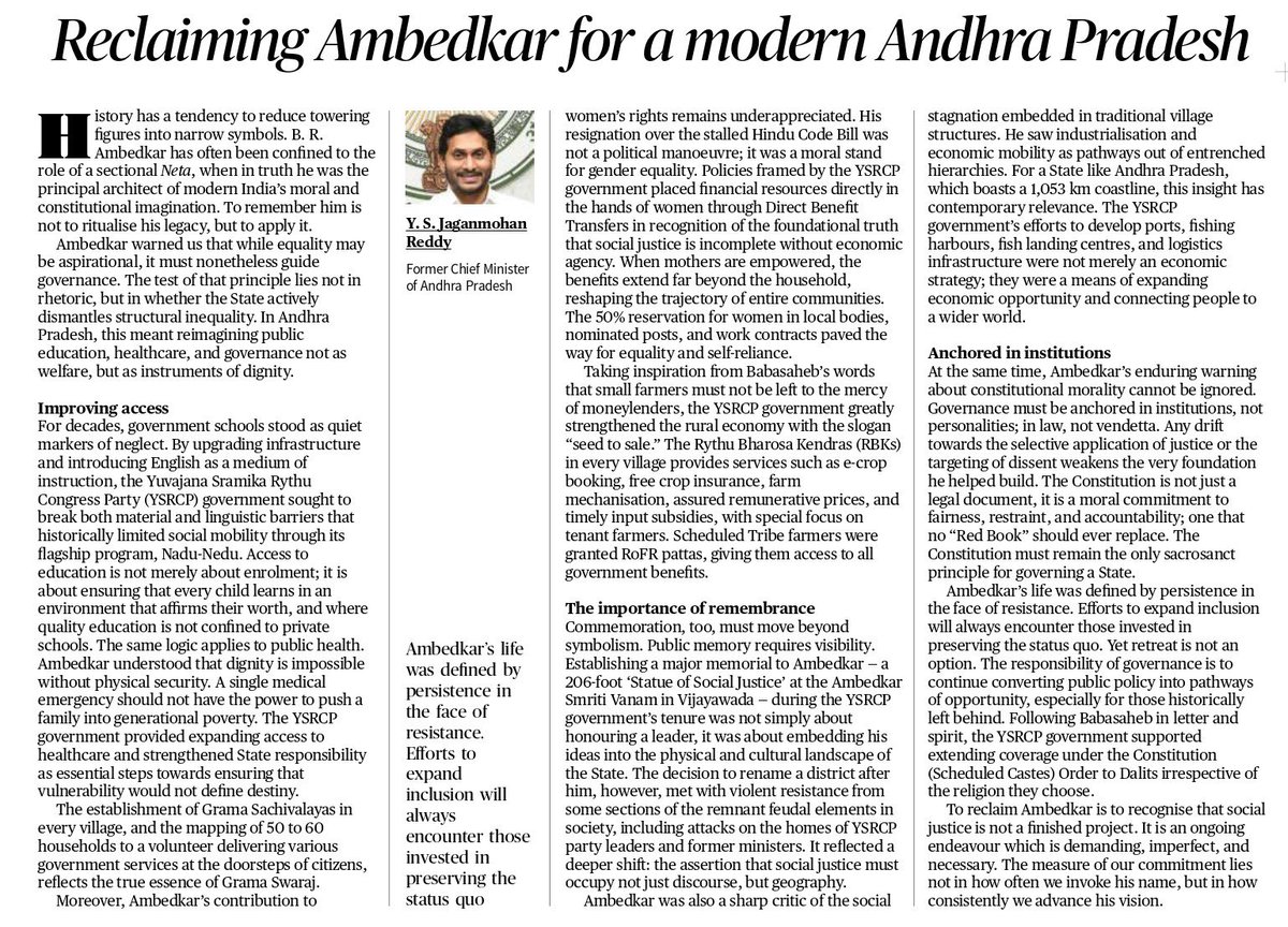 ysjagan's tweet image. To remember Babasaheb Ji is not to ritualise his legacy, but to apply it. The measure of our commitment lies not in how often we invoke his name, but in how consistently we advance his vision.

#AmbedkarJayanti
#StatueOfSocialJustice

epaper.thehindu.com/ccidist-ws/th/…
