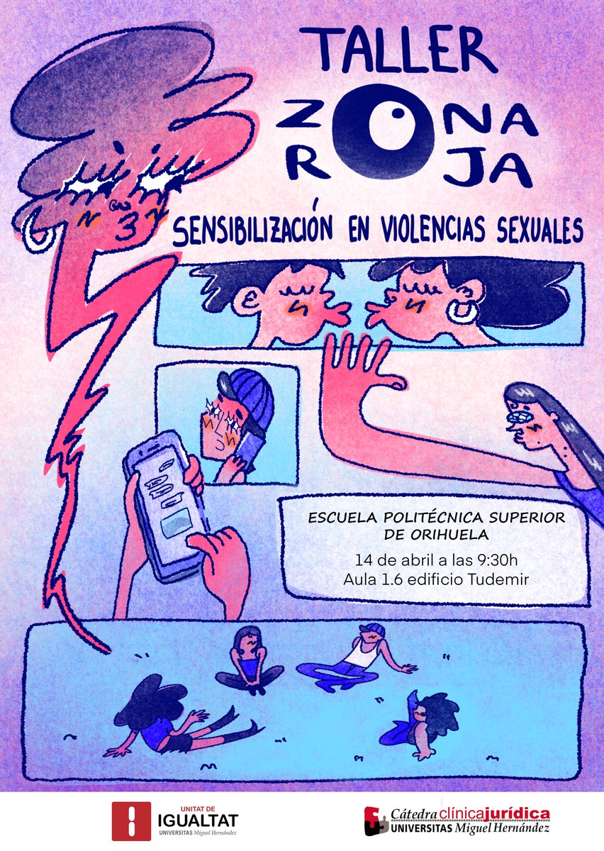 Hoy martes, 14 de abril, tendrá lugar en la Escuela Politécnica Superior de Orihuela el «Taller Zona Roja: sensibilización en violencias sexuales»  Dicho taller se realizará en el aula 1.6 del edificio Tudemir a partir de las 9:30 horas.