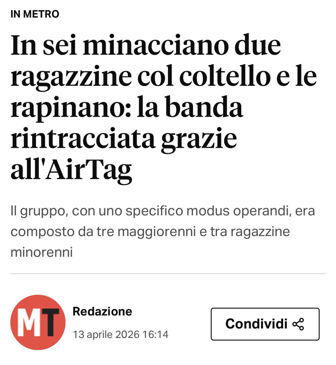 Milano, nel pomeriggio di sabato, nei mezzanini della metro M5 alla fermata Ponale, due ragazze di 17 e 18 anni sono state minacciate con un coltello e rapinate da un branco di “maranza”

👉 due ragazzine tunisine di 14 e 15 anni
👉 tre egiziani tra i 19 e i 20 anni