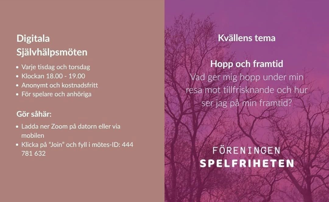 Kvällens tema - Hopp och framtid - Vad ger mig hopp under min resa mot tillfrisknande och hur ser jag på min framtid?

Tillsammans skapar vi igenkänning och hopp för spelare och anhöriga.

Välkommen. 🤗

#spelberoende #anhörigstöd
#självhjälp #hjälptillsjälvhjälp