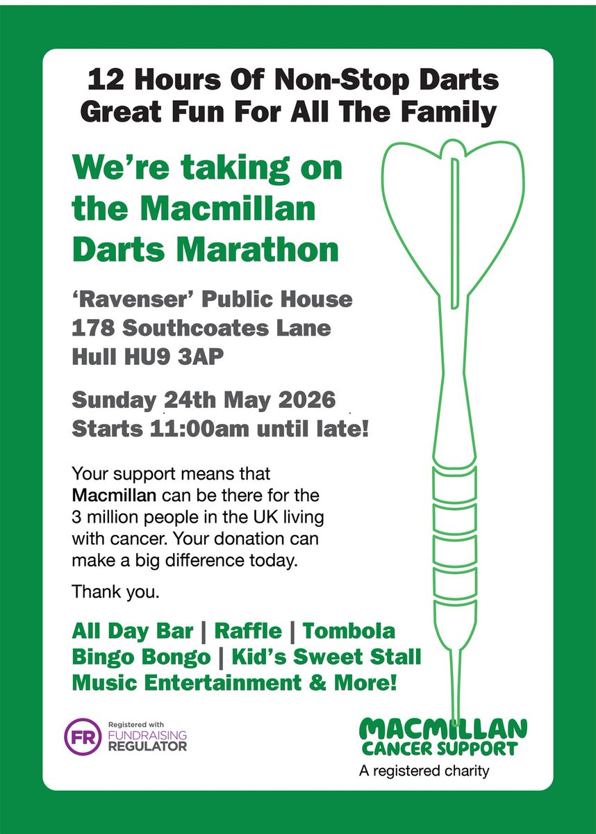 guyfalkingham's tweet photo. The Macmillan Darts Marathon is being held to raise vital funds for Macmillan Cancer Support, who help people within our community that are living with Cancer.

Sun 24th May
Starts 11:00am until late
‘The Ravenser' 
178 Southcoates Lane
Hull HU9 3AP

https://t.co/knkl8Xn0Qv https://t.co/BDfEkmbiBo