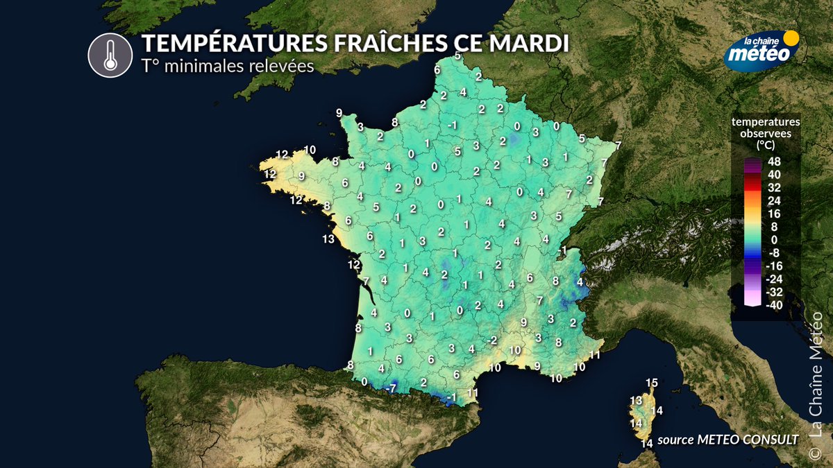 lachainemeteo's tweet image. 🥶🌡️ Avec le ciel dégagé de la nuit, quelques gelées classiques par rayonnement se manifestent ce matin du sud-ouest au nord. #gel #météo