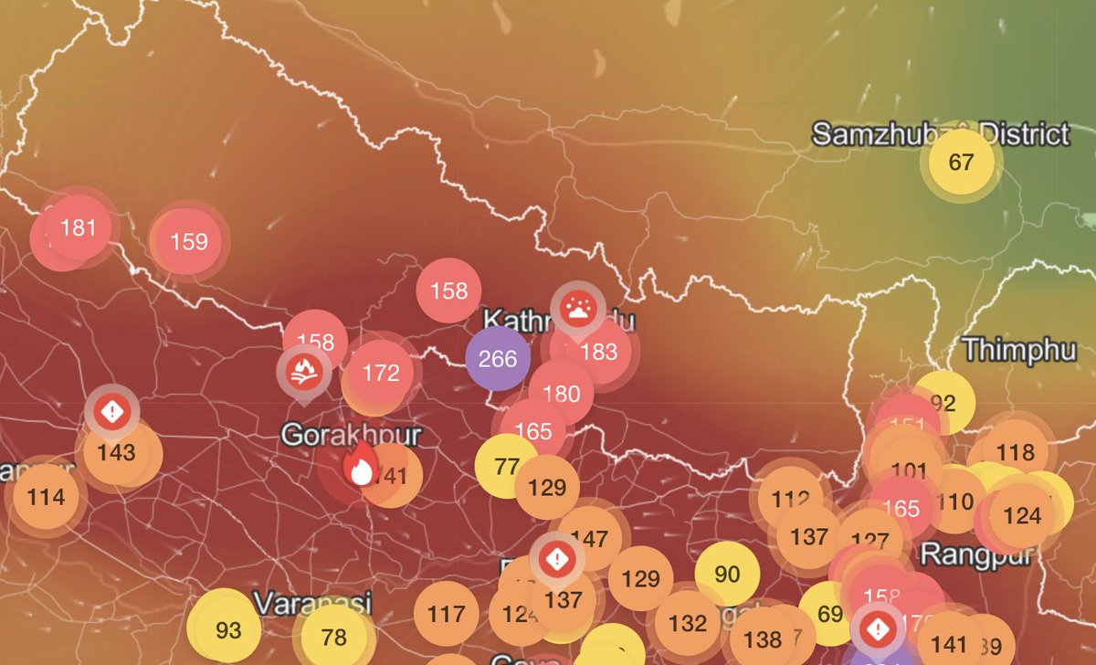 BinodClimate's tweet image. #AirPollution
चैत्र महिनामा राम्रै बर्षा हुदा पनि अहिले नेपालको बारा, पर्सा देखि लुम्बिनी प्रदेश लगायत भारतको उत्तर प्रदेशमा लागेको डढेलोको कारण काठमाडौँ लगायत धेरै ठाउँमा यो हप्ता बायु प्रदुषण धेरै बढेको छ
बर्षाको सम्भावना यो हप्ता खासै देखिदैन
नयाँ वर्ष २०८३ को हार्दिक शुभकामना